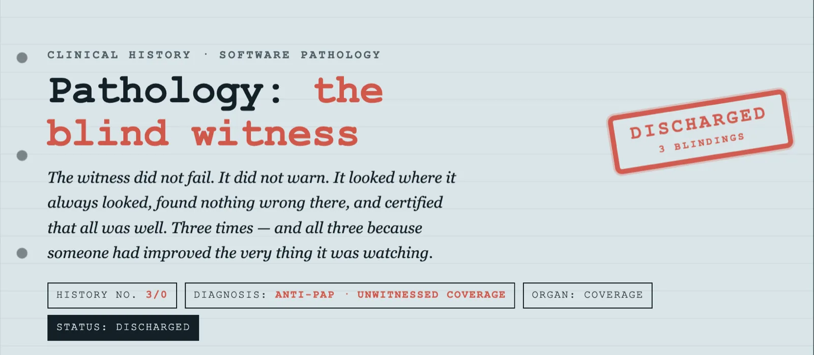 Case 3/0: the witness that certified a world which no longer existed
