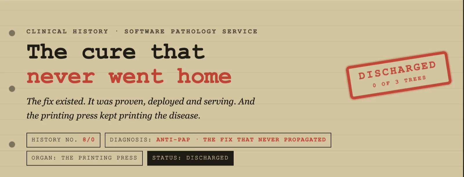 Case 8/0: the cure that never went home