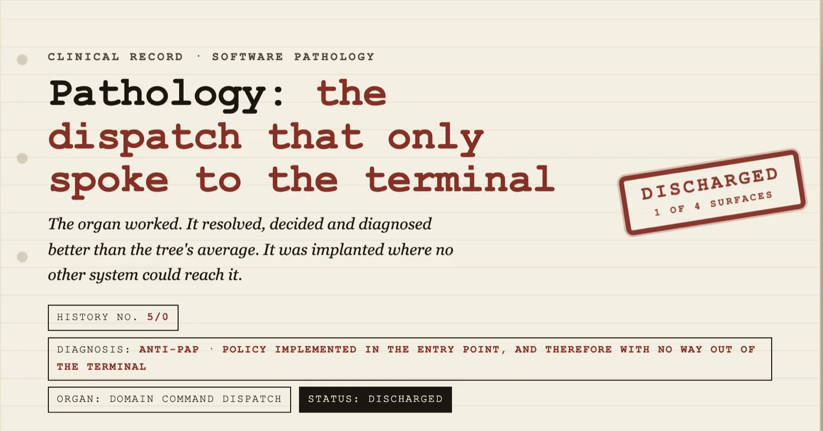 Case 5/0: the dispatch that only spoke to the terminal
