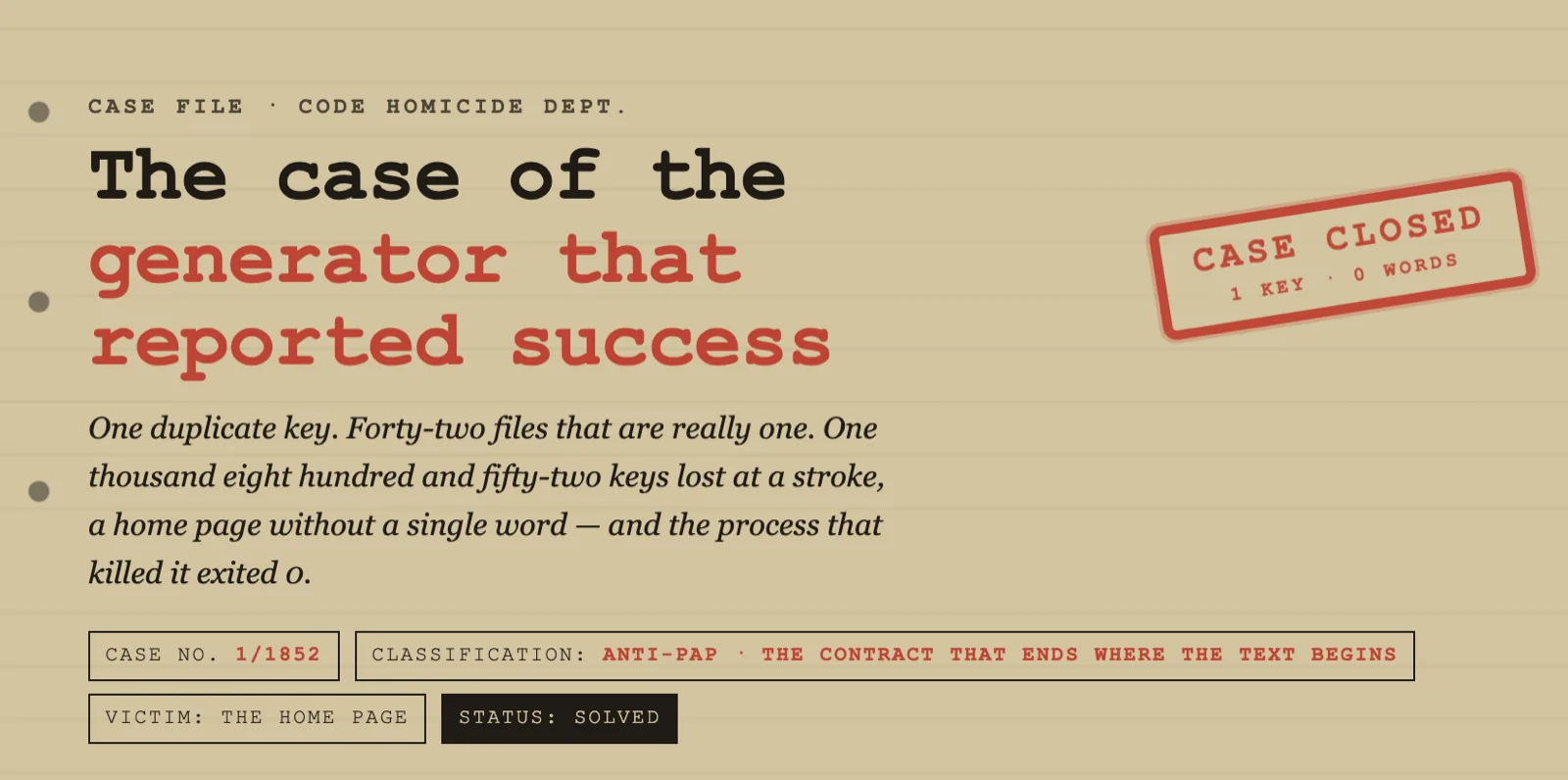 Case 1/1852: the generator that reported success