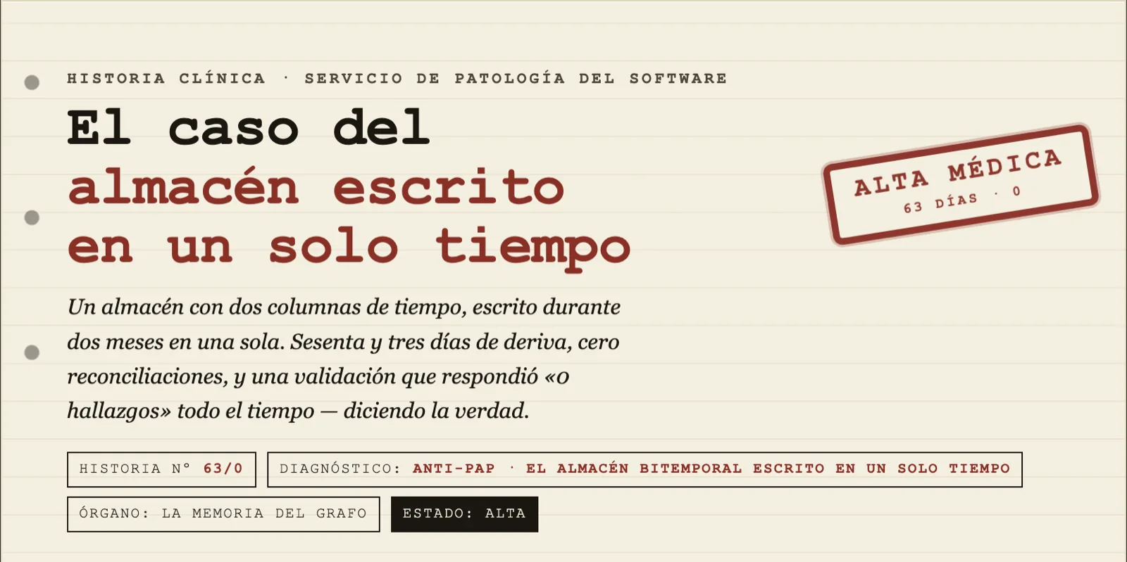 Expediente 63/0: el almacén bitemporal escrito en un solo tiempo